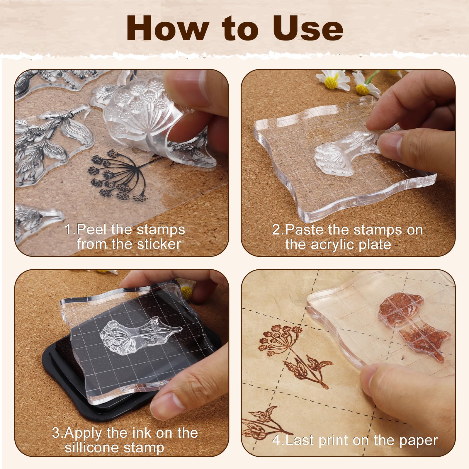 UCEC 8 Sheets Flower Clear Stamps for Card Making, Silicone Stamps for Crafting, Flower Stamp Clear Rubber Flowers Vintage Plants and Decoration and DIY Scrapbooking