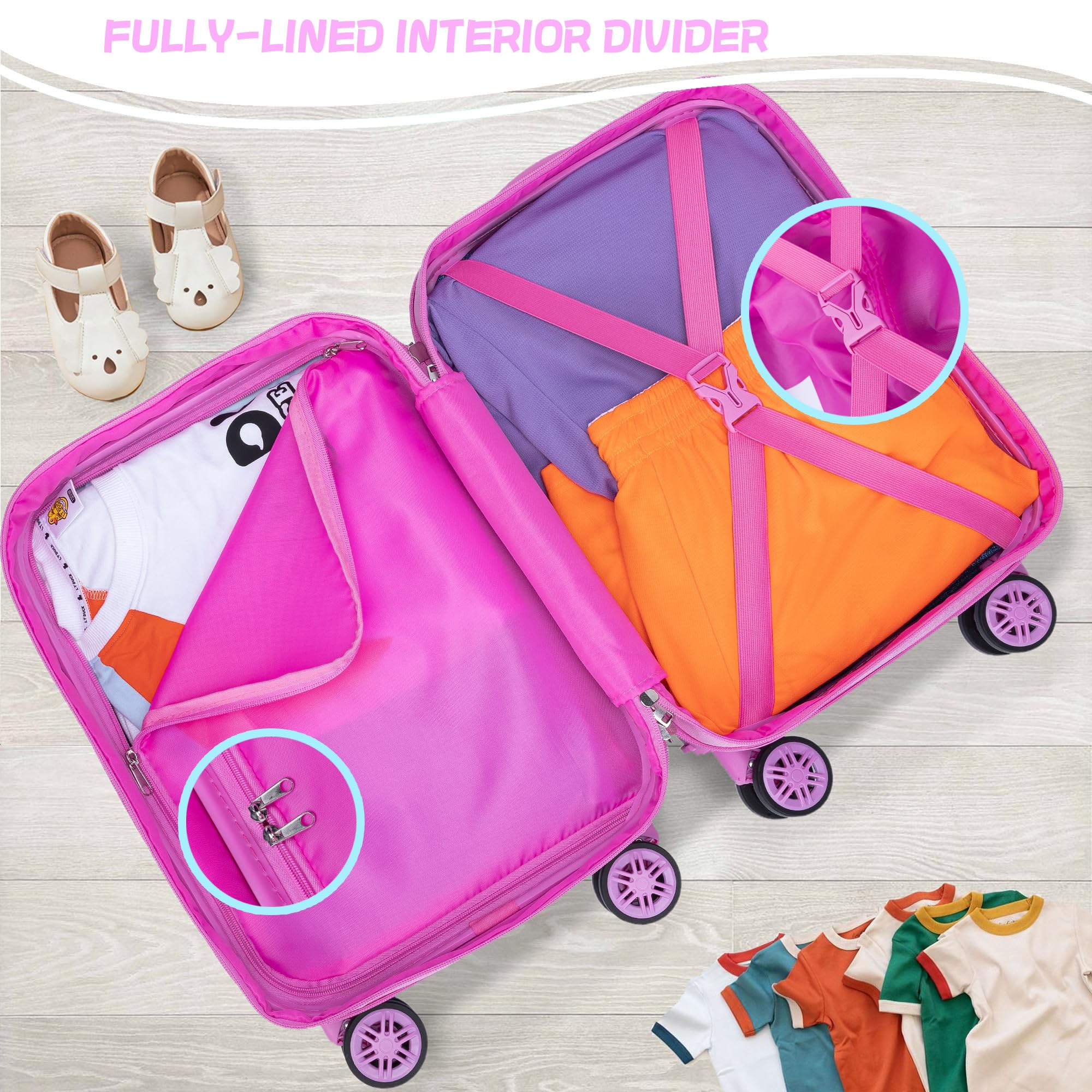 Inprof Cute Pink Mermaid Kid’s Luggage Set 5 Piece Suitcase Set 16’’ Hardside Luggage with Spinner Wheels Girls Boys Carry on Toddler Luggage Travel Rolling Luggage Carry on Luggage Airline Approved