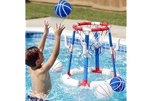 2 in 1 Pool Basketball Hoop Set with Ring Toss Game, Floating Water Pool Toys with 4 Balls, 8 Rings & Pump, Summer Outdoor Sw