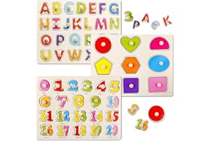 KERARME Wooden Puzzles for Toddlers, Wooden Peg ABC Alphabet Number Shape Puzzles Toddler Learning Puzzle Toys for Kids 2-4 Years Old Boys & Girls, 3 in 1 Montessori Early Education Puzzle for Toddlers
