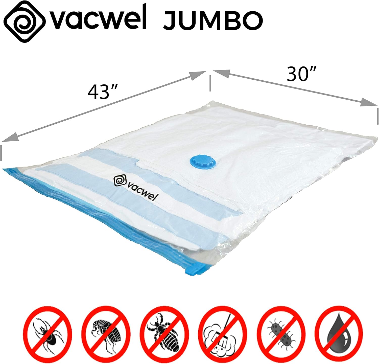 Vacwel Jumbo Vacuum Storage Bags for Clothes, Quilts, Pillows, Space Saver Size 43x30” Extra Strong (Pack of 6): Home & Kitchen