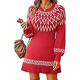 Youtalia Womens Knit Sweater Dress Fair Isle Lantern Sleeve Casual Crewneck Ribbed Pullover Sweaters Fall Winter Mini Dresses