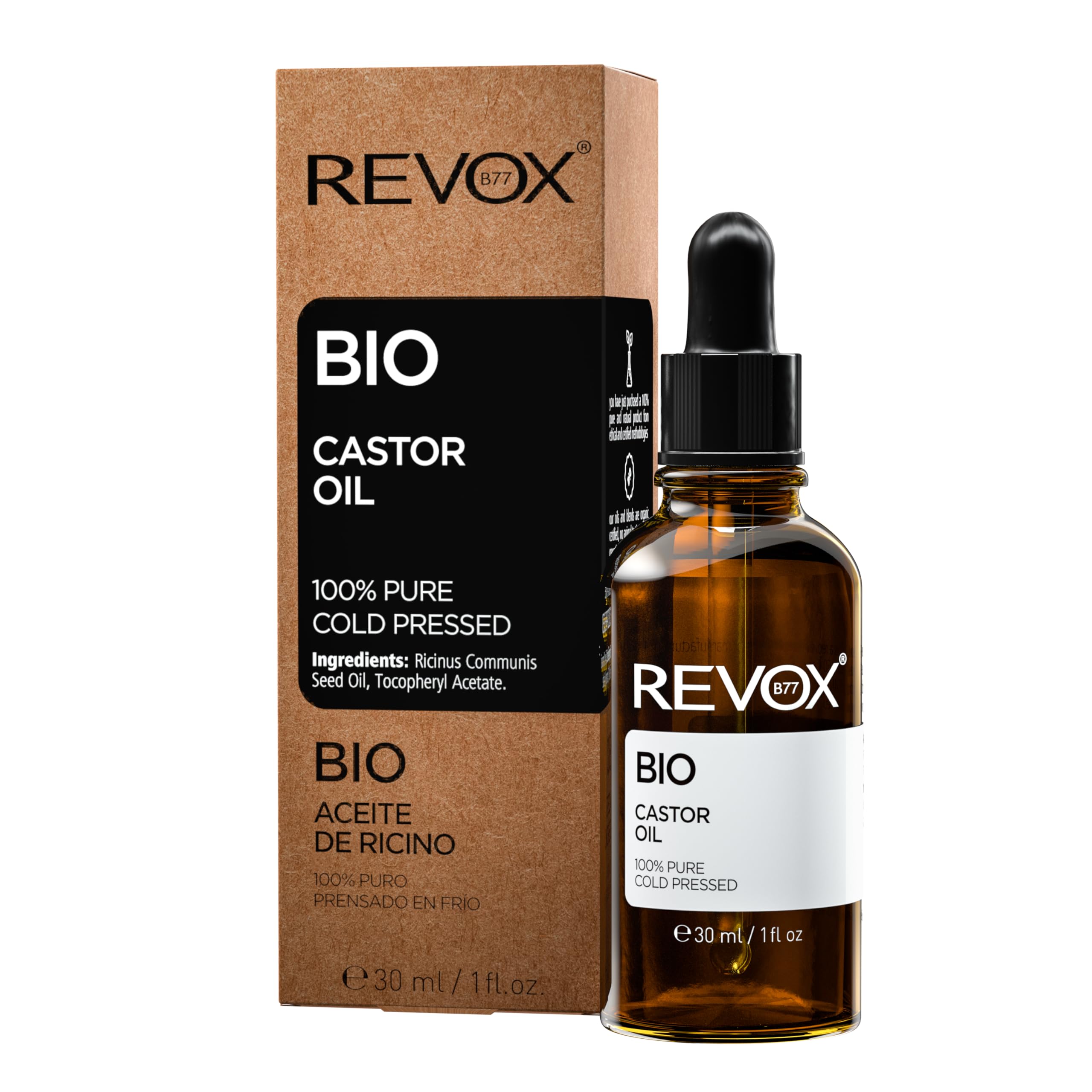 REVOX B77 - BIO Castor Oil 100% Pure, 30 ml, Castor Oil for Eyelashes, Hair, Skin and Cuticles, Natural Moisturizer, Strengthens Eyebrows and Hair, Nourishes Cuticles, Cold-Pressed, Vegan