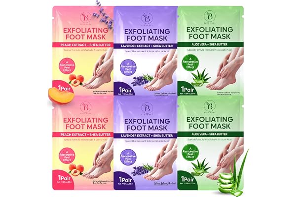 Foot Peeling Mask (6 pairs) Exfoliating Foot Mask for Dry Cracked Feet with Lavender, Aloe Vera, Peach & Shea Butter, Dead Skin & Callus Remover for Feet, Exfoliating Socks for Women & Men