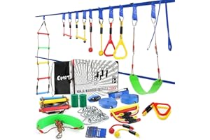 OMOTIYA Ninja Warrior Obstacle Course for Kids, 2 x 50FT Weatherproof Slacklines for Backyard, 9 Accessories, Outside Playset Equipment Girls Boys, Swing, Ladder, Monkey Bars, Rings Plus Arm Trainer