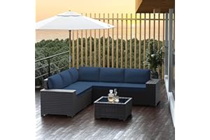 RTDTD Outdoor Patio Furniture Set, 6 Pieces Outdoor Furniture All Weather Patio Sectional Sofa PE Wicker Modular Conversation Sets with Coffee Table,5 Chairs & Seat Clips Dark Blue