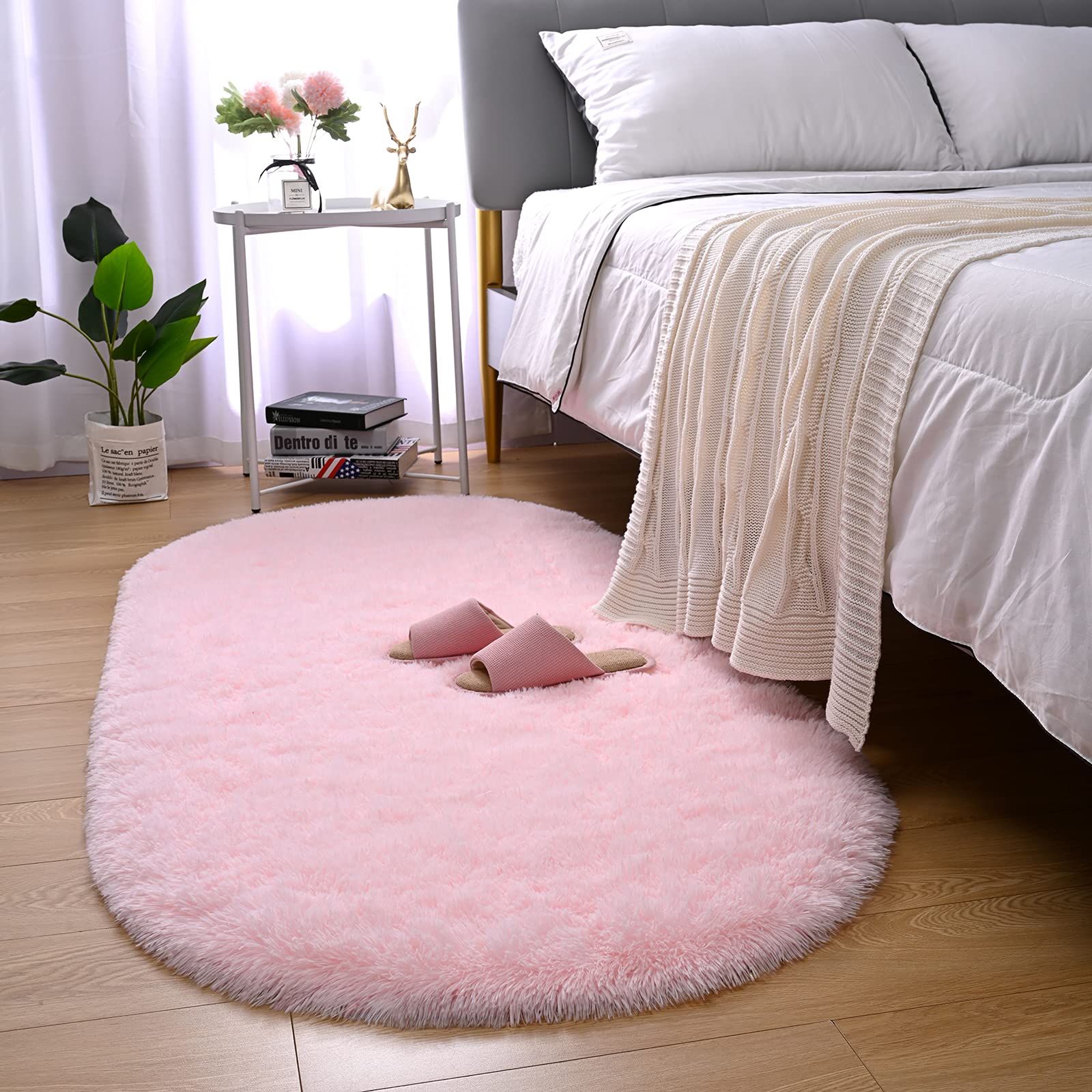 Photo 1 of Merelax Soft Shaggy Rug for Kids Bedroom, Oval 2.6'x5.3' Pink Plush Fluffy Furry Carpets for Living Room, Teen Girls Room, Anti-Skid Fuzzy Comfy Rug for Nursery Decor Cute Baby Play Mat
