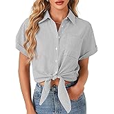 Vrtige Women's Stripe Button Down Collar Neck Tie Knot Short Sleeve Blouse Shirt with Pocket