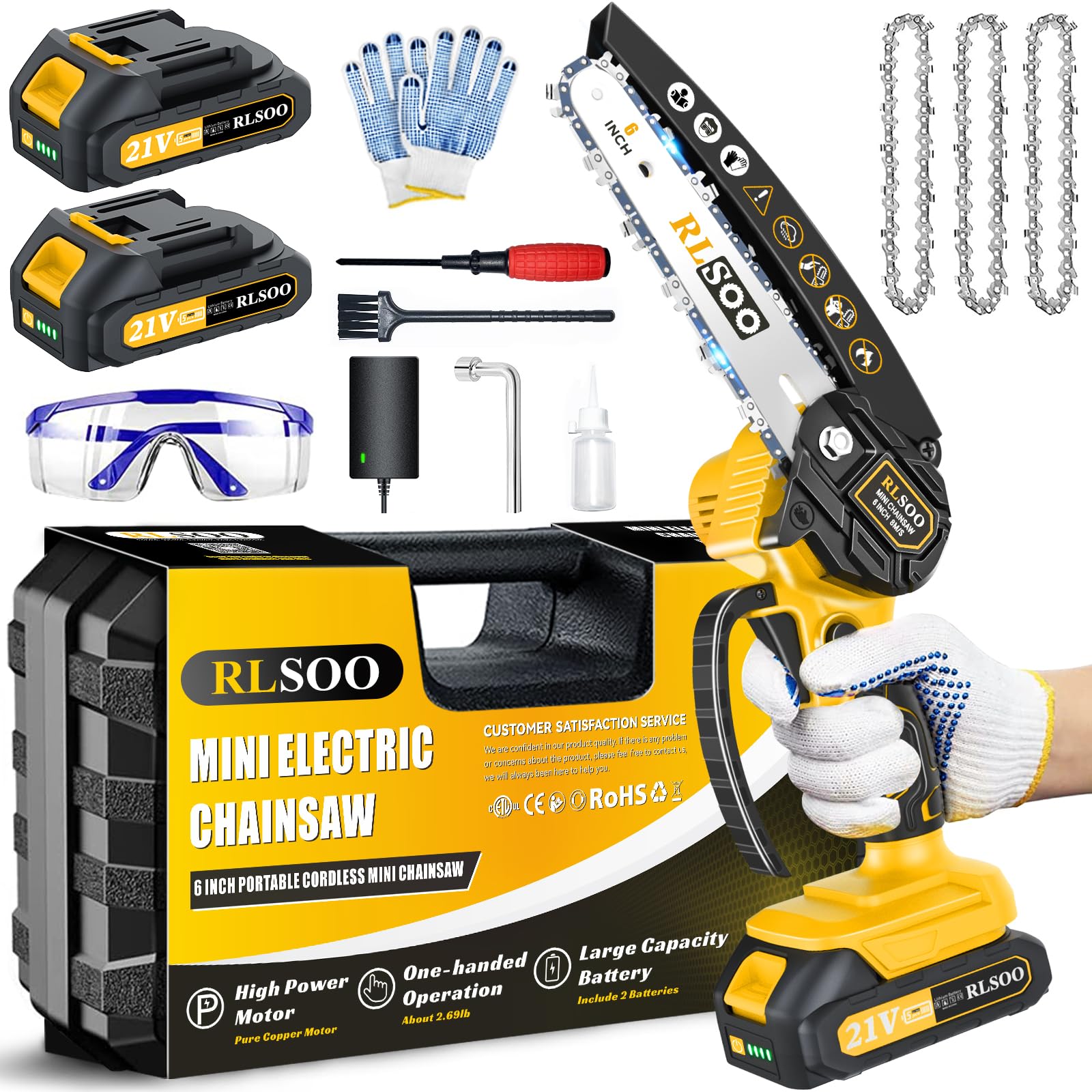 Photo 1 of Mini Chainsaw, RLSOO 6-Inch Electric Chainsaw Cordless, Portable Small Handheld Chain Saw for Wood Cutting, Tree Trimming, Courtyard, Household, and Garden (Includes 2 Batteries and 3 Chains)