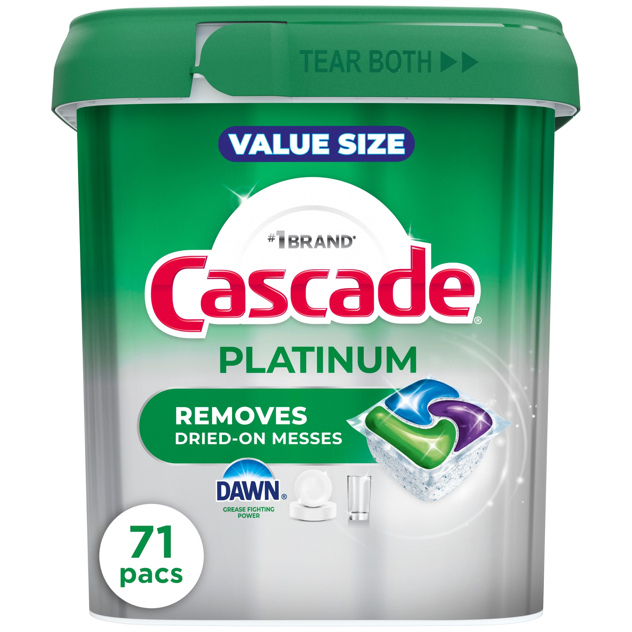 Cascade Platinum Dishwasher Pods, Dishwasher Detergent, Dish Detergent Soap, Grease Fighting Power of Dawn Dish Soap, Fresh, 71 ct