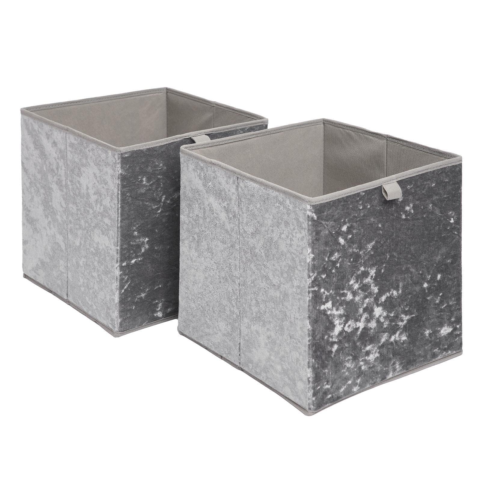 OHS Pack Of 2 Crushed Velvet Storage Boxes Set Home Bathroom Collapsible Foldable Toys Pop Up Folding Cube Box, Charcoal Grey