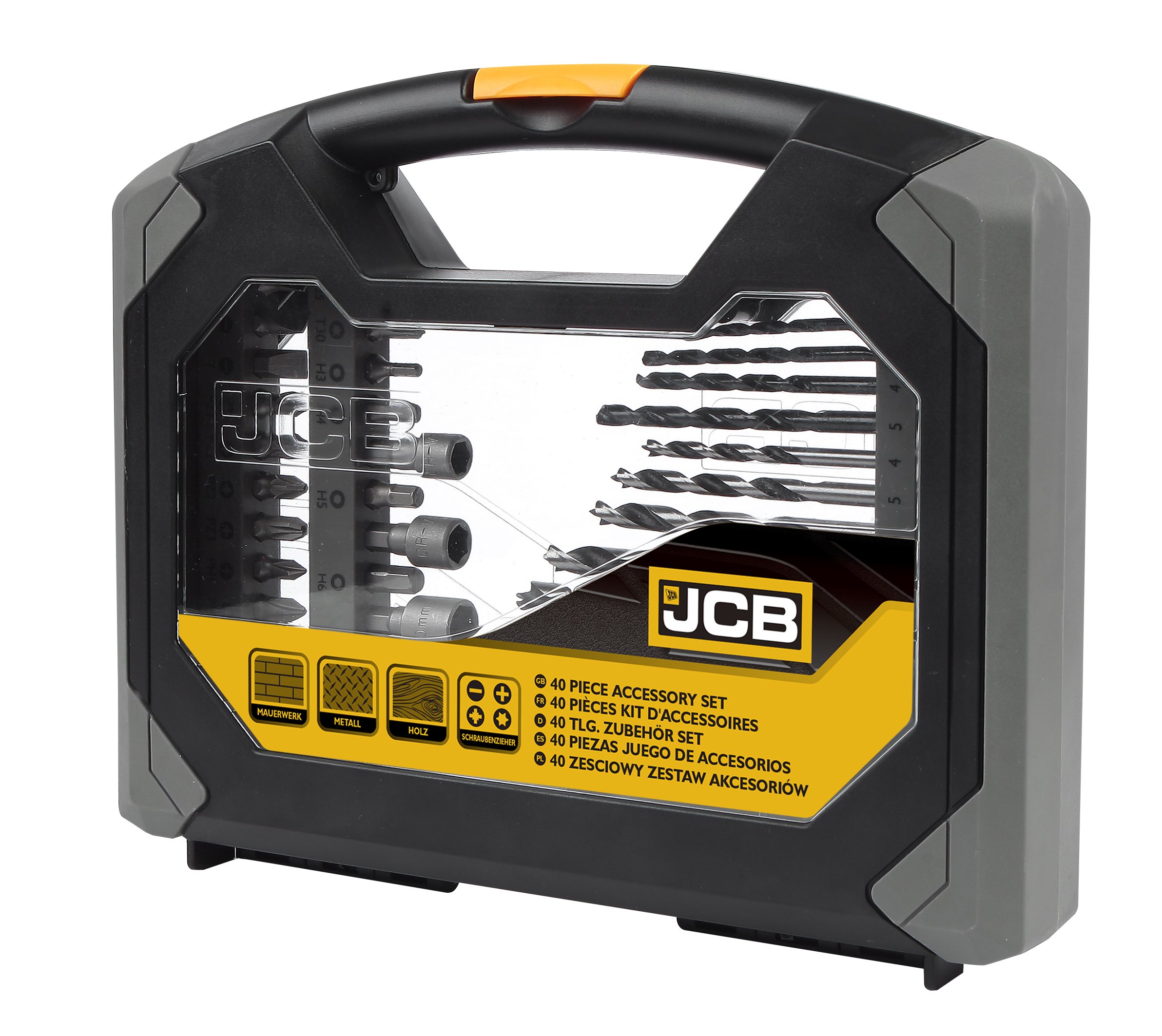 JCB - Combination Drill and Bit Set - 40 Piece Accessory Set - Selection of HSS Masonry and Wood Drill Screwdriver Bits & Nut Sockets - Presented in a Durable Folding Carry Case