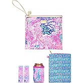 Lilly Pulitzer Water Resistant Vinyl Beach Day Pouch, Zipper Bag Includes Drink Hugger, Small Pouch, and Towel Clips