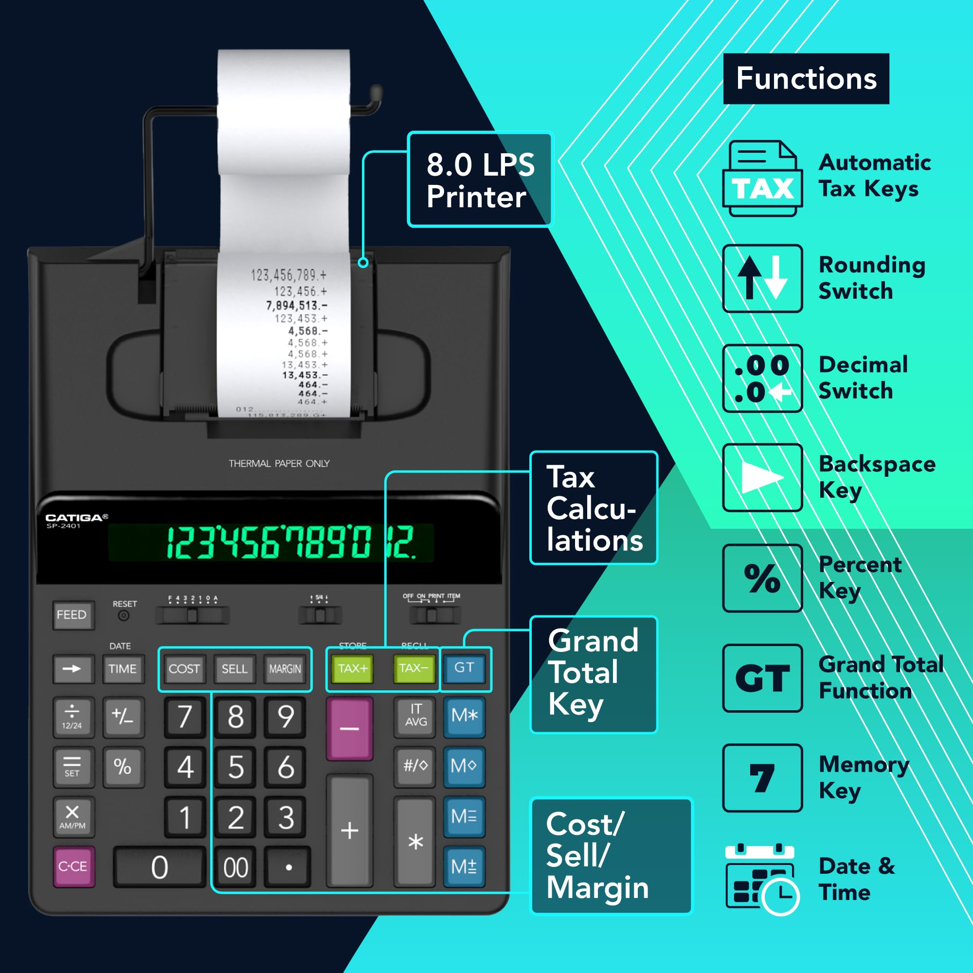CATIGA 12 Digit Thermal Printing Calculator with Tape Print Out, Ink-Free Adding Machine, 5X Faster Quite at 8.0 LPS, Extra Large Fluorescent Display, Tax Calculation with Clock and Calendar, SP-2401