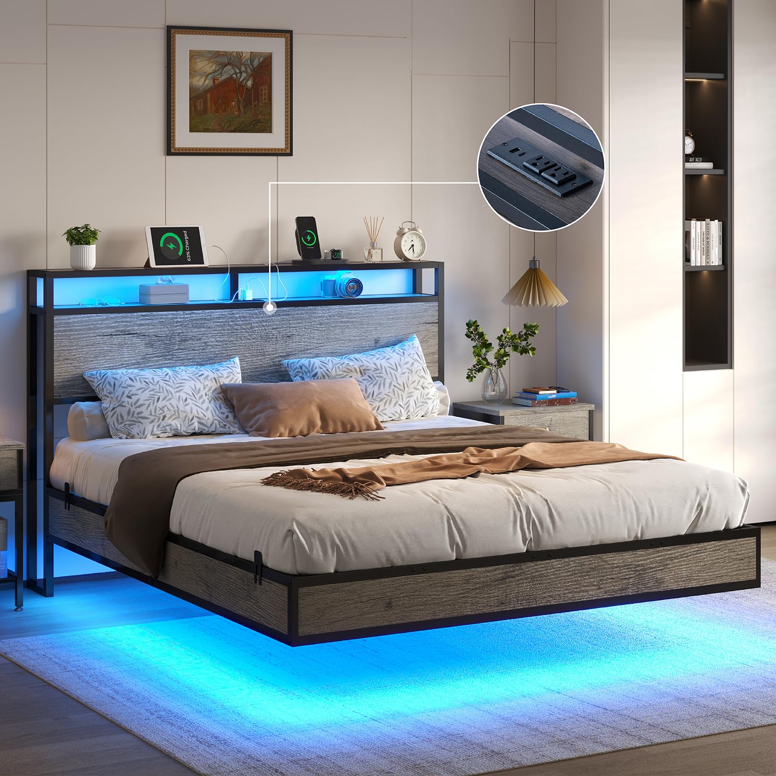 LUXOAK Full Floating Bed Frame with LED Lights and Charging Station ...
