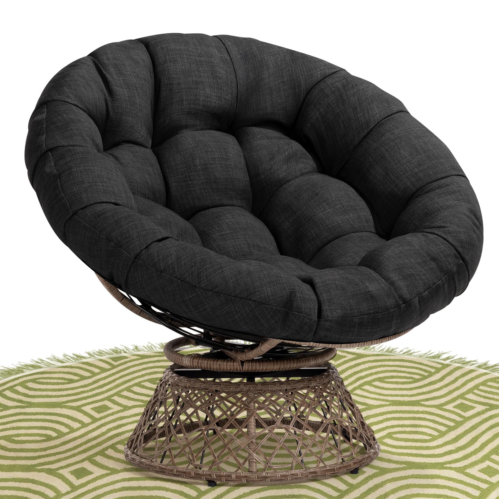 Photo 1 of ** MISSING BASE **Bme 40" Ergonomic Wicker Papasan Chair with Soft Thick Density Fabric Cushion, High Capacity Steel Frame, 360 Degree Swivel for Living, Bedroom, Reading Room, Lounge, Onyx Stone - Brown Base