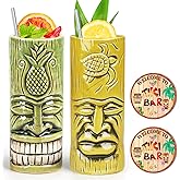 SuproBarware Tiki Glasses for Cocktails Tiki Mugs Set of 2 Ceramic Tiki Party Cups with Coaster Bar Decor Creative Tiki Mug Set Large Hawaiian Glasses Tiki Bar Tropical Drinkware Barware