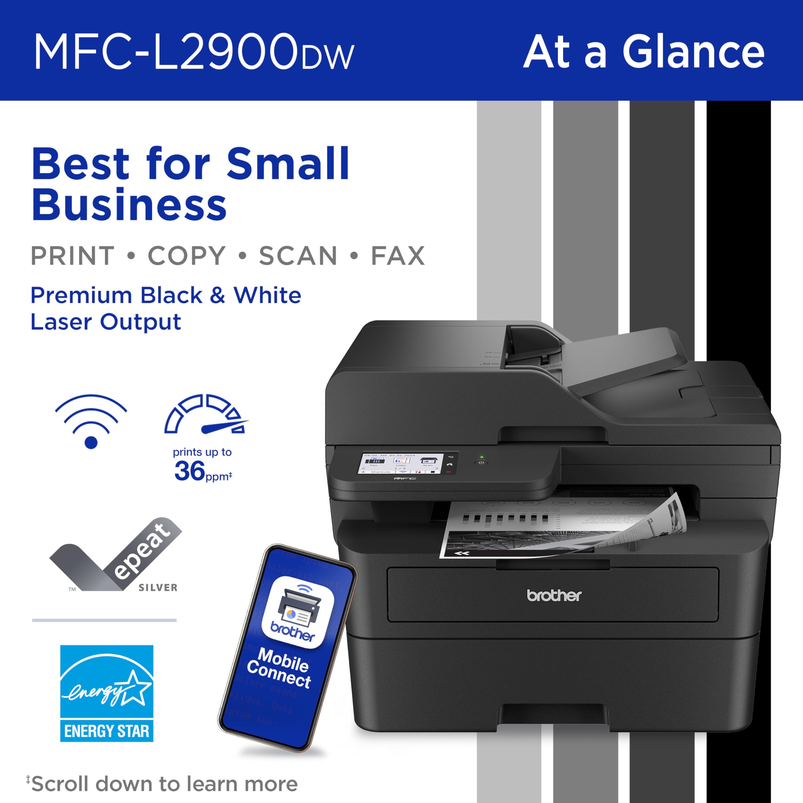 Brother Professional Laser Printer with Scanner, High-Speed 36 ppm Monochrome All-in-One, Wireless Duplex Printing and Scanning, Cloud-Ready 3.5 in Touchscreen for Small Business (MFC-L2900DW)