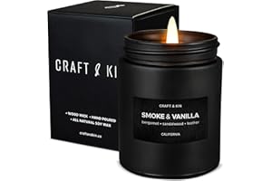 Craft & Kin Premium Smoke & Vanilla Candle | Black Christmas Scented Candles for Men | Long Lasting with 45 Hour Burn Time, 7.6oz | Soy Holiday Candle | Aromatherapy at Home | Gifts for Men