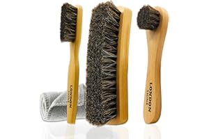 LONDON SHINE 4 Pcs Horsehair Shine Shoes Brush Kit Dauber Applicator for Cleaning Leather Shoes Boots Suede Cleaner Brush Buffing Brush with Microfiber Shoe Cleaning Cloth Premium Shoe Polish Kit.
