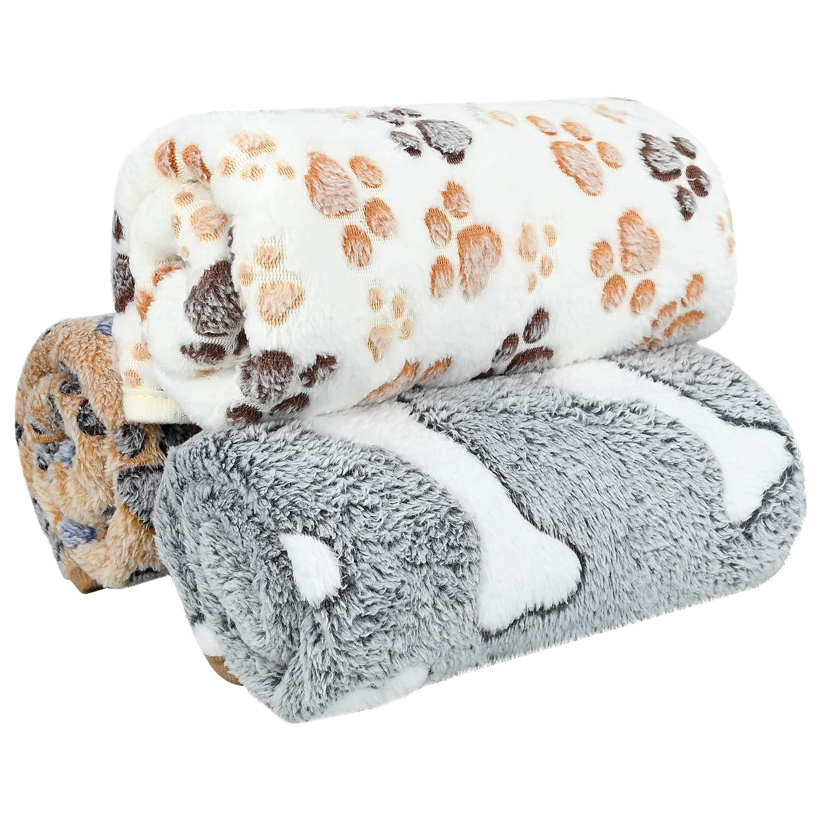 3 Pcs XL Pet Soft Dog Blankets Washable, Puppy Blankets, 107x75cm, Paw Bone Print Pet Throw, Warm Sleep Mat, Pets Cover Blanket, Fluffy Fleece Blanket, Fleece Blanket for Small Medium Large Dog Cat