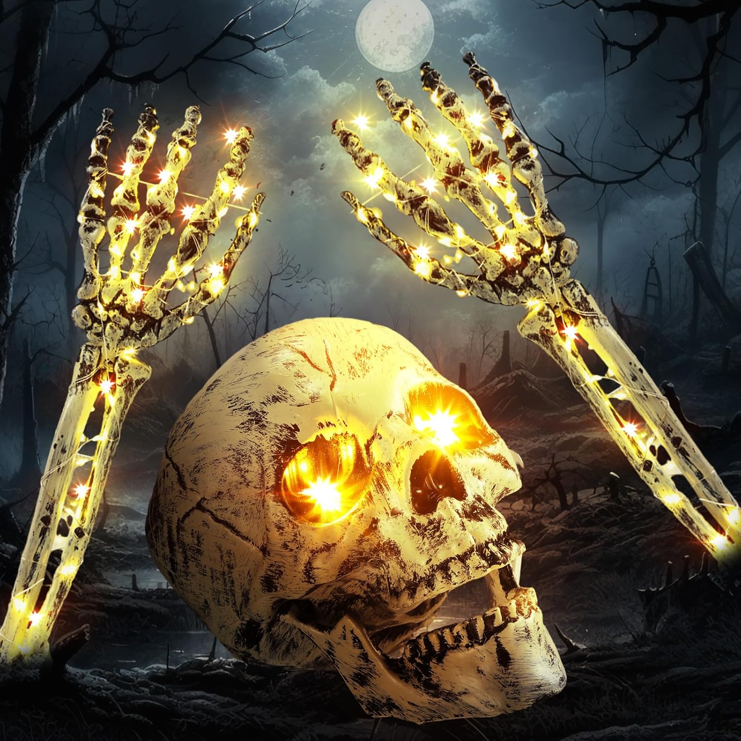 Decorative Garden Stakes - VIHOSE 3 Pack Halloween Skeleton Decors Light Up Skull Hands Stakes Battery Operated Realistic LED Skeleton Arm Stakes for Halloween Indoor Outdoor Graveyard Lawn Garden Decor (Warm White Light)