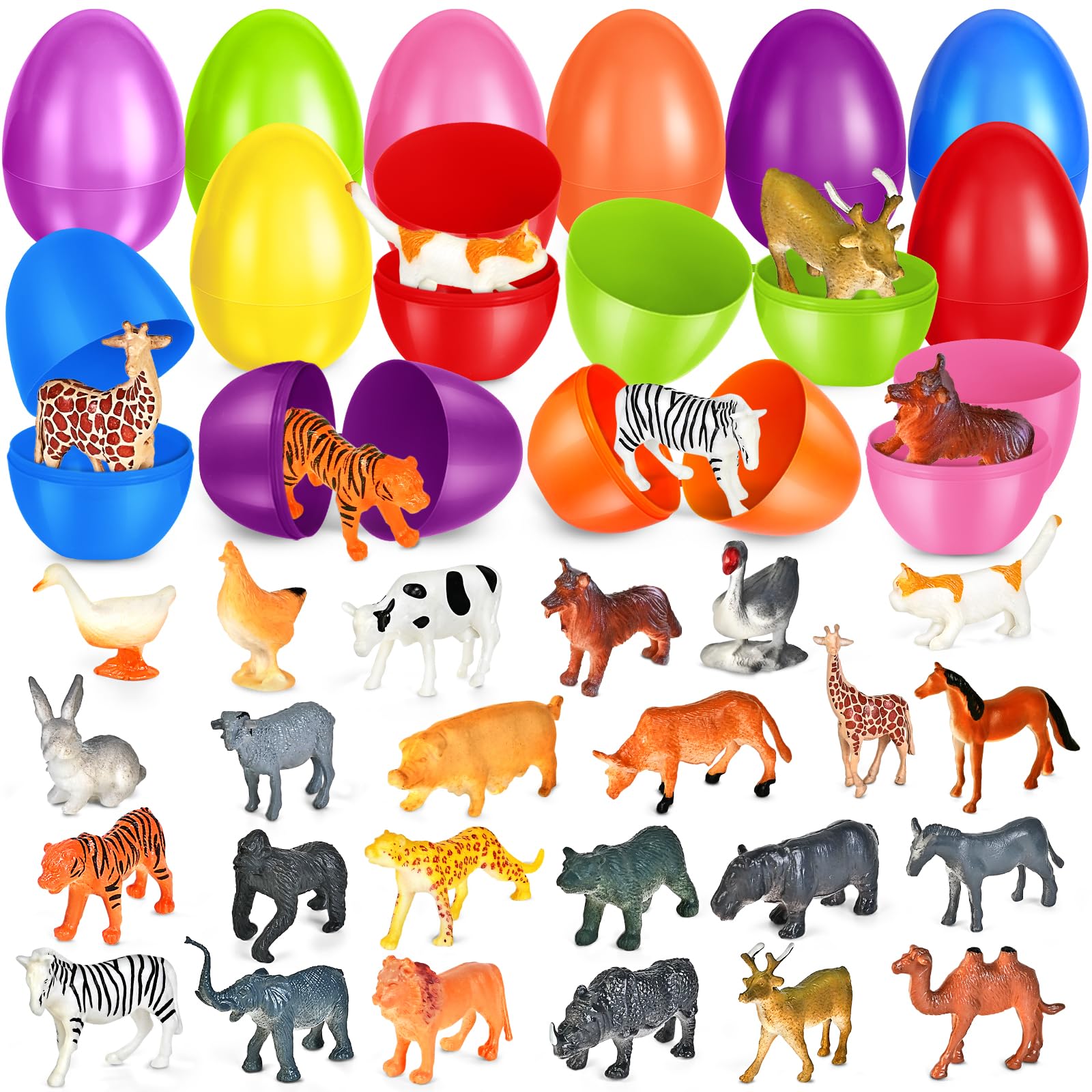 OCHIDO 24 Pack Easter Eggs Filled with Animal Toy, Easter Basket Stuffers for Kids, Easter Basket Essentials, Easter Party Favors for Easter Egg Hunt Game, Classroom Rewards