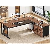 SEDETA 71" Executive Desk with Rolling File Cabinet, Large Office Desk with Drawers, L Shaped Computer Desk with Power Outlets, CPU Stand, Pegboard and Storage Shelves, Brown