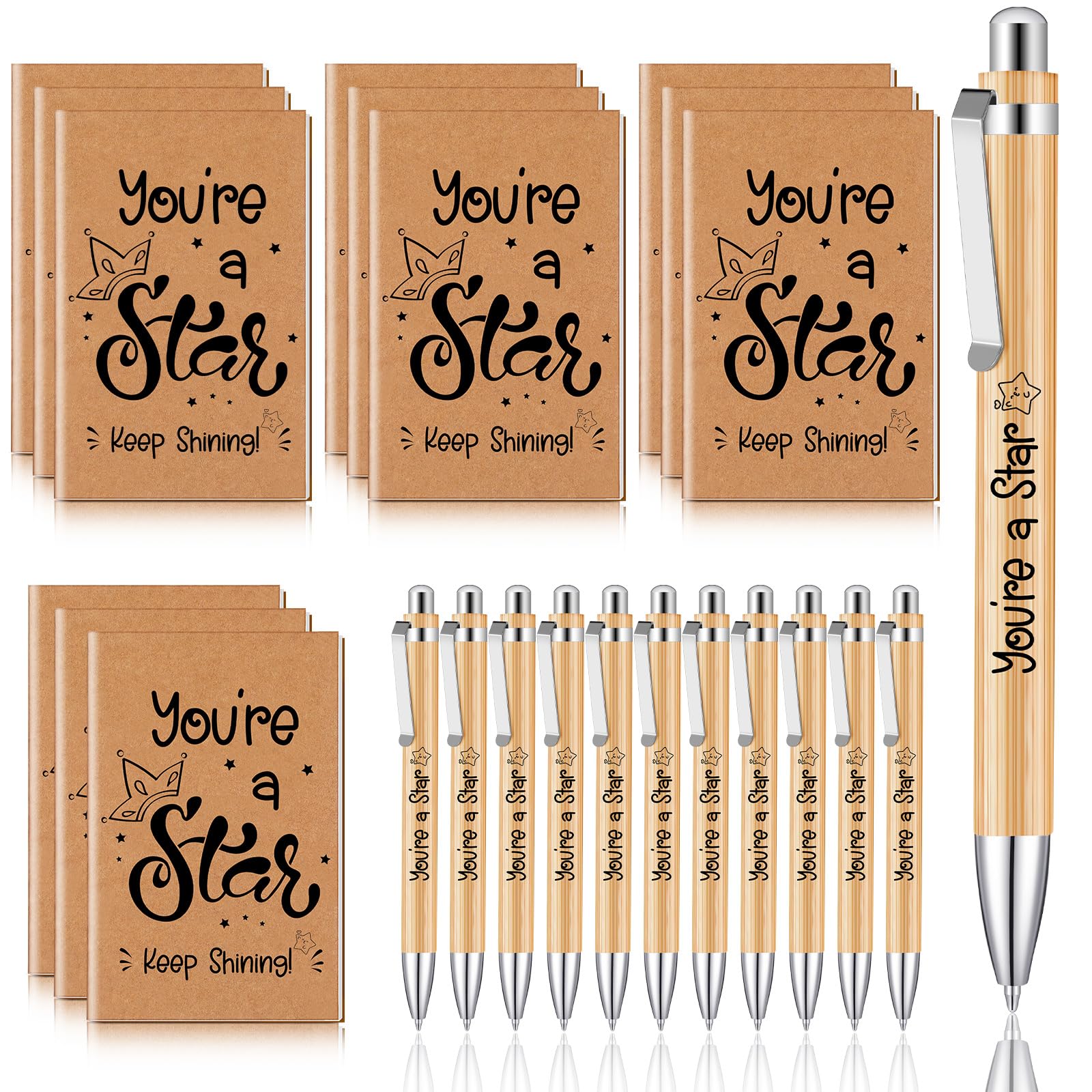 Clabby 12 Sets Inspirational Gifts Star Notebook 3'' x 5" Inspirational Wooden Pen Motivation You're a Star Keep Shining Thank You Gifts for Colleagues, Employees, Students, Teachers and Christmas