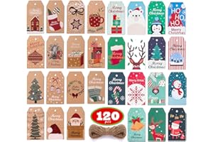 120 PCS Christmas Gift Tags, Cofullsky Assorted Christmas Gift Wrap Tags with 20M String for DIY Present Party 30 Designs Christmas Holiday Hanging Tag Label Package 3.5” X 2”