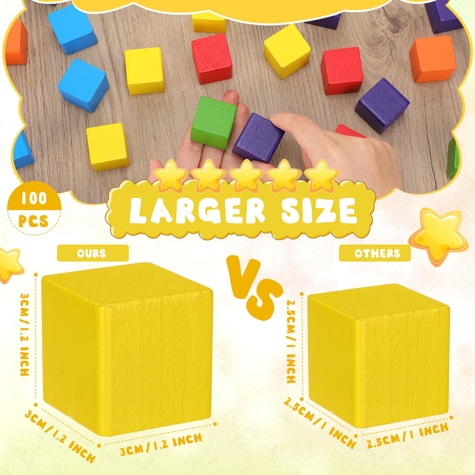 Libima 100 Pcs 1.2 Inch Wooden Building Blocks Stacking Game, Rainbow Wood Blocks Set Square Colorful Wooden Cubes Counting Large Learning Educational Toys for Math Boys Girls