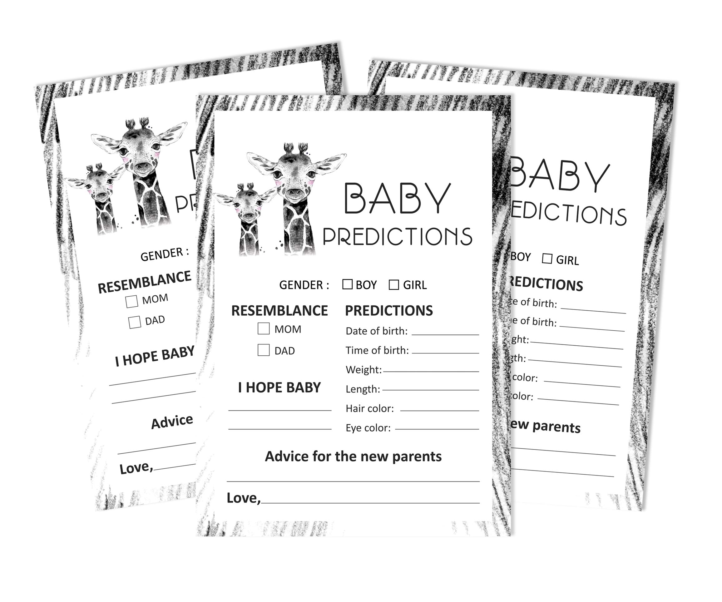 Inkdotpot Giraffe Jungle Animals Party Supplies Set Of 50 Baby Shower Prediction Cards For Baby Shower Game