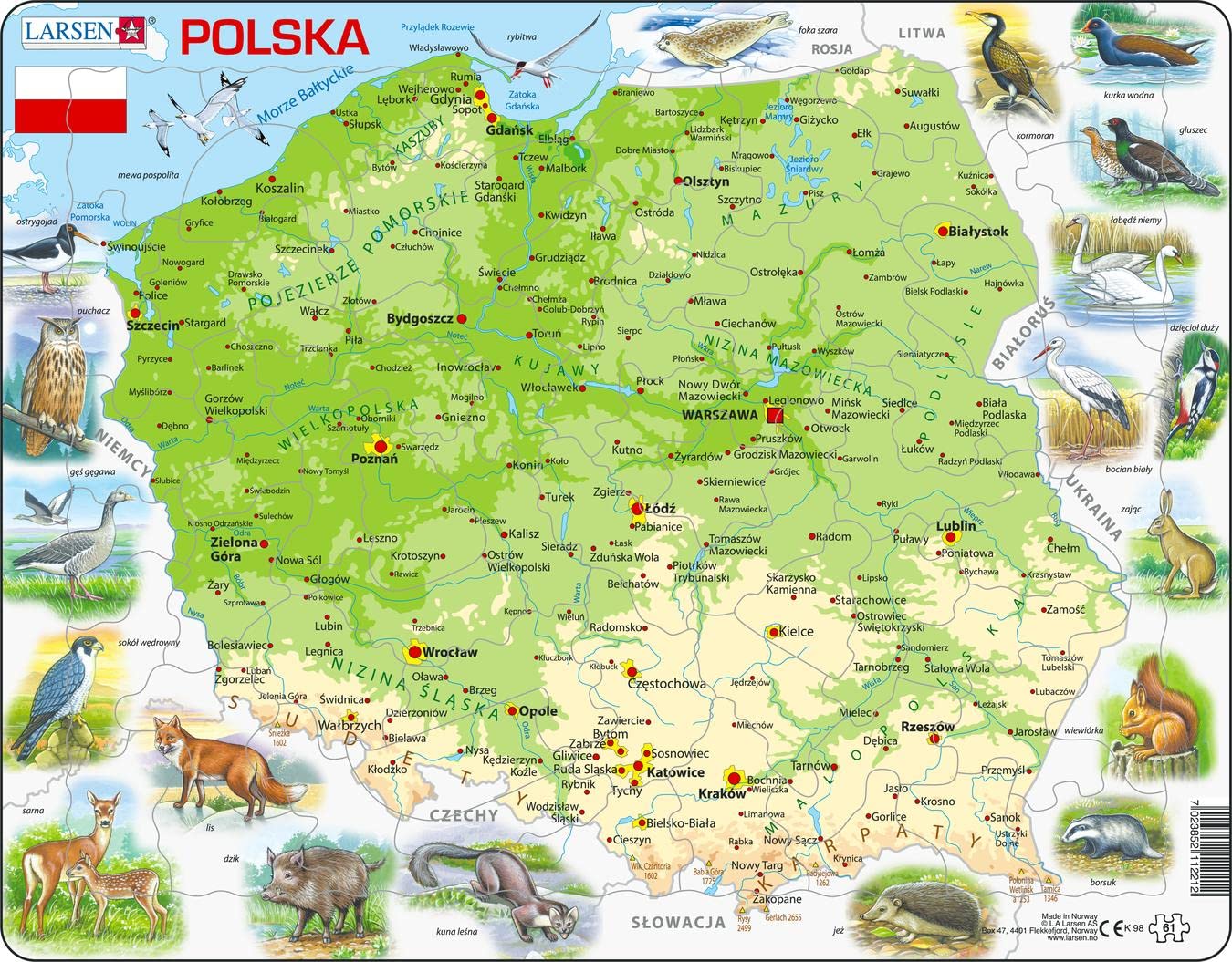 Larsen K98 Poland Physical Map Jigsaw Puzzle | 61 Pieces | Polish Edition | Educational Tray & Frame Puzzle for Kids