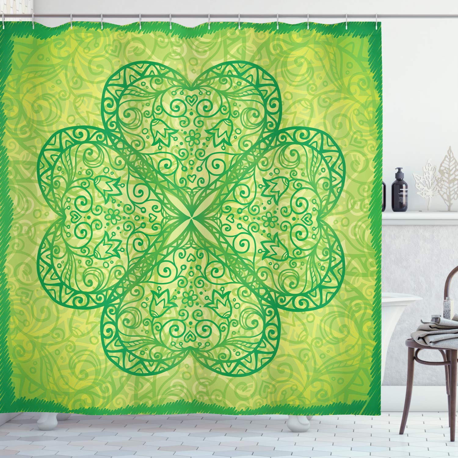 ABAKUHAUS Irish Shower Curtain, Traditional Heart Motifs in Green Tones Monochrome Illustration Swirls, Cloth Fabric Bathroom Decor Set with Hooks, 94 Inches, Green Pale Avocado Green