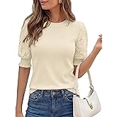 KIRUNDO Sweaters for Women 2026 Summer Casual Crewneck Going Out Tops Dressy Puff Short Sleeve Lace Blouse Trendy Clothes