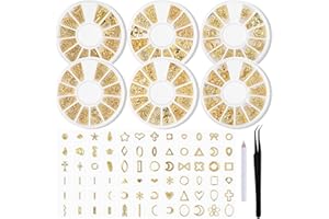 JERCLITY 6 Boxes Gold Metal Nail Studs Geometry Heart Moon Line Sea Creatures Gold Nail Charms 3D Nail Art Jewelry Decoration for Acrylic Nails With 1pc Tweezers and Wax Pencil for Rhinestones