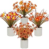 Uieke 4PCS Fall Fake Potted Plants Thanksgiving Floral Arrangements Fall Decor Autumn Mini Small Artificial Potted Plants Fall Decorations for Home Harvest Wedding Tabletop Centerpieces Office Decor