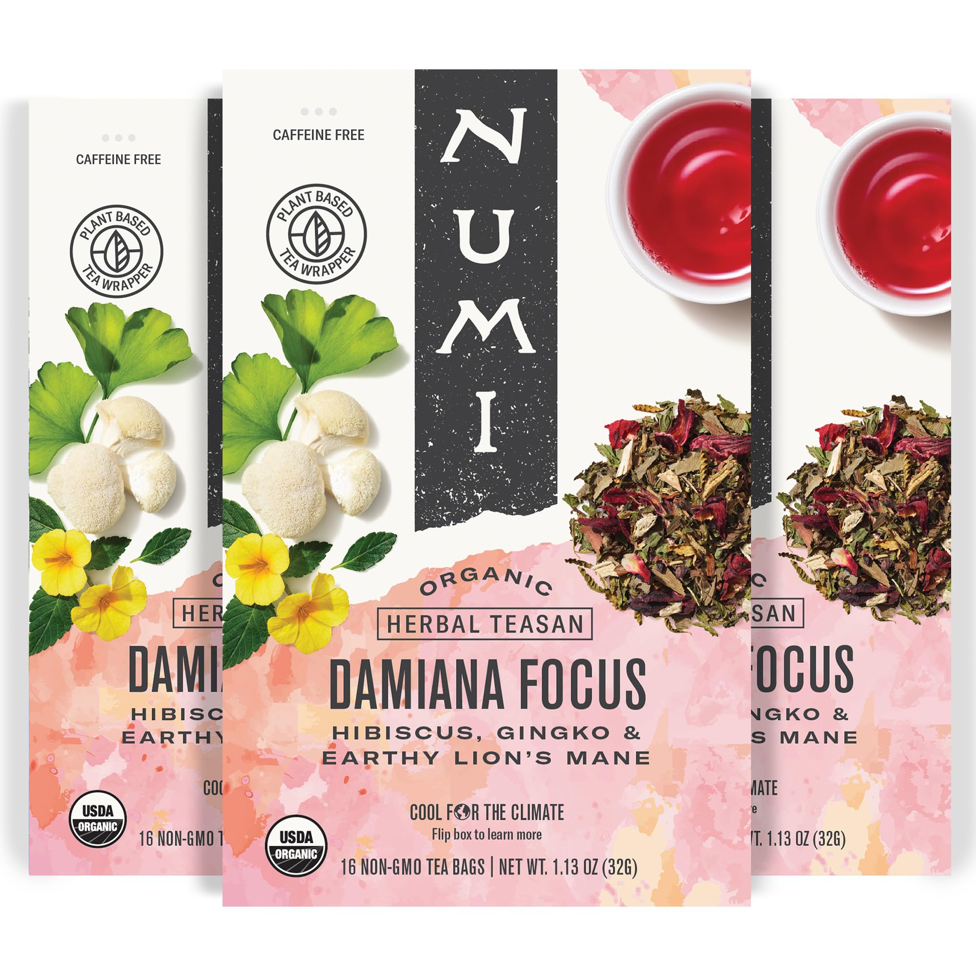 Numi Organic Damiana Focus Herbal Tea – 48 Herbal Tea Bags – Caffeine Free Blend with Damiana Ginkgo Lion’s Mane Hibiscus Mint & Licorice for Mental Clarity & Natural Energy Image