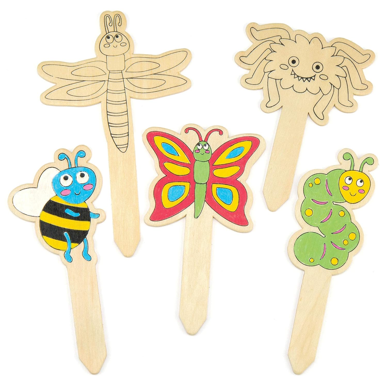 Baker Ross AR233 Bug Wooden Stakes - Pack of 10, Handy Lawn Decorations for Kids to Decorate and Gift, Assorted, (Pack of 10)