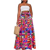 Afibi Womens Casual High Waist Tie African Print Long Maxi Skirt with Pockets