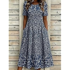 Women's Floral Round Neck Short Sleeve Pocket Casual Midi Dress