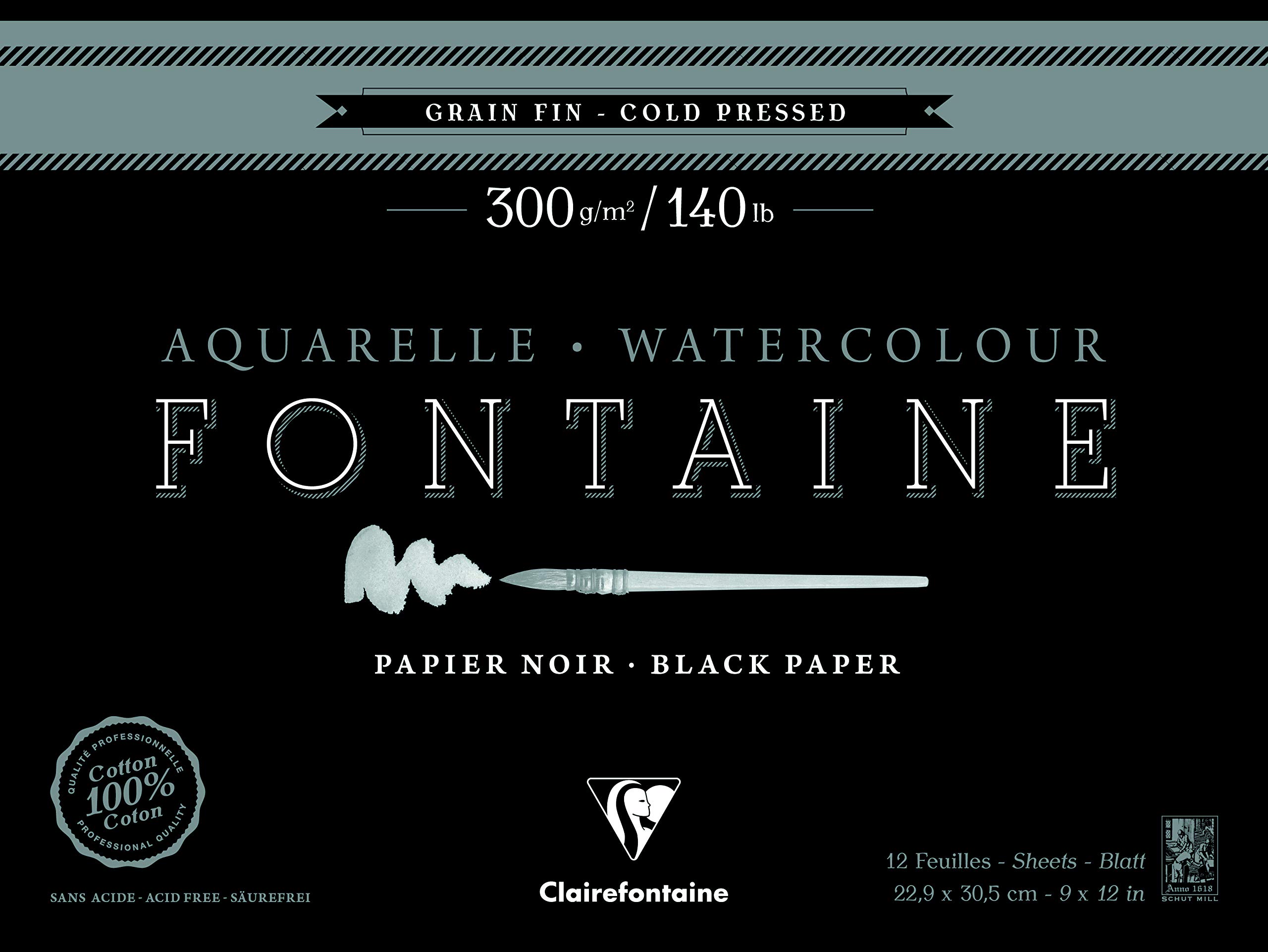 Clairefontaine - Ref 975308C - Fontaine Cold Pressed Black Watercolour Pad (12 Sheets) - 23 x 30.5cm Size, 300gsm Paper - Suitable for Watercolour Artwork