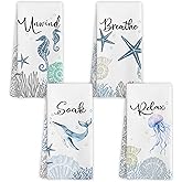WARDOS Coastal Hand Towels for Bathroom Set of 4, Relax Breathe Soak Unwind Decorative Hand Towels for Gym Yoga Spa Bathroom Kitchen Decor, 16x24 Inch