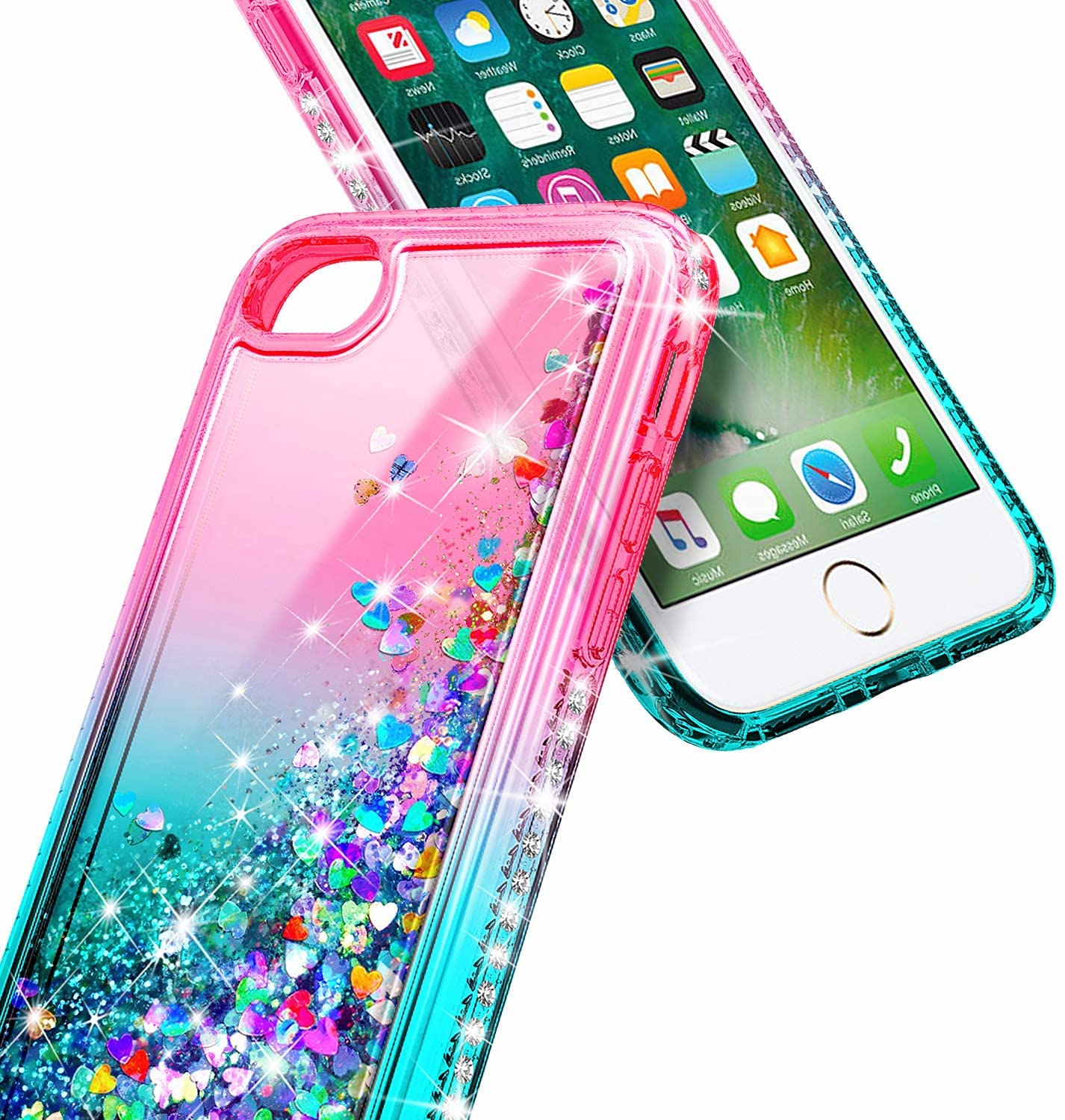 NGB Designed for iPhone SE (3rd 2022 & 2nd Gen 2020)/iPhone 8/7/6/6S Case, Pink/Aqua | Glitter Liquid Cute Cover for Women Girls Kids | with Tempered Glass Screen Protector & Ring Holder-Wrist Strap
