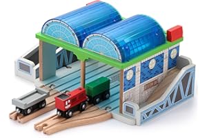 SainSmart Jr. Wooden Train Track Accessories - Premium Train Station with Double-Track Tracks and Conveyor Belt Fit for All Major Brands, Ideal Gift for Aged 3+
