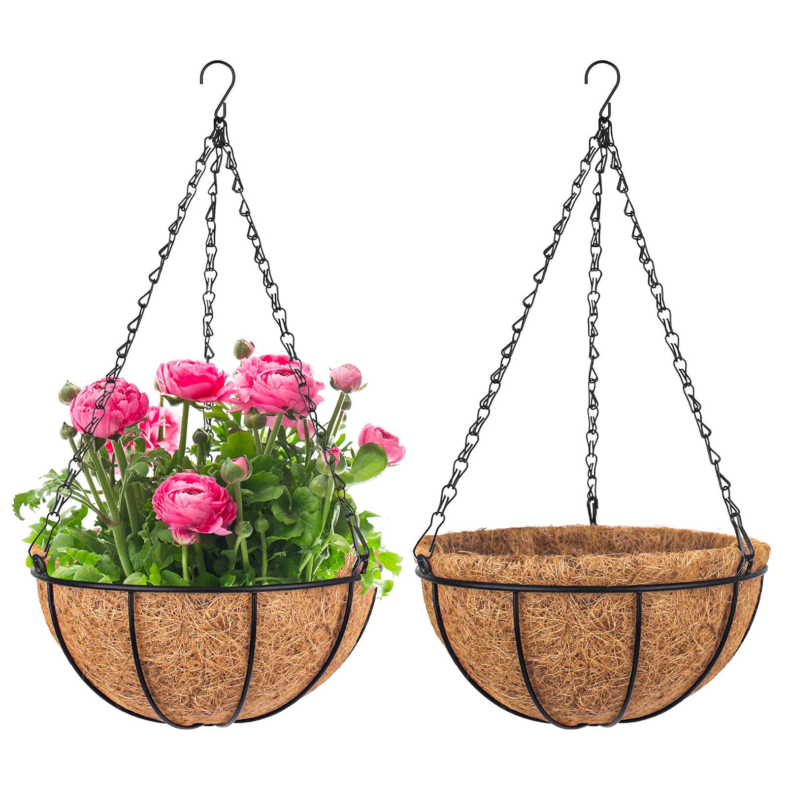 Fun Lites 2 Pcs Metal Hanging Planter Basket with Coco Coir Liner 25 CM Round Wire Plant Holder Porch Decor Flower Pots Hanger Garden Decoration Watering Hanging Baskets for Indoor Outdoor