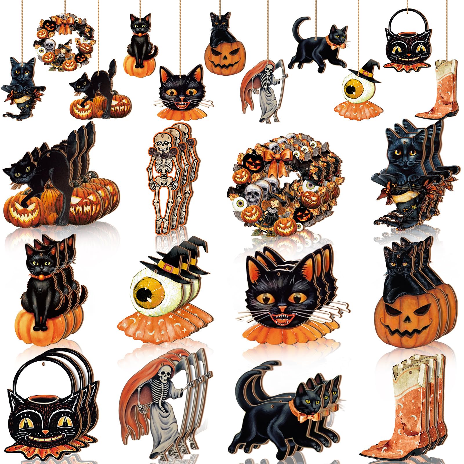 Photo 1 of 36 Pcs Halloween Ornaments with Ropes Halloween Wood Decor for Tree Pumpkin Skull Cat Wooden Decorations Hanging Ornaments Pendants for Home Party, 12 Styles