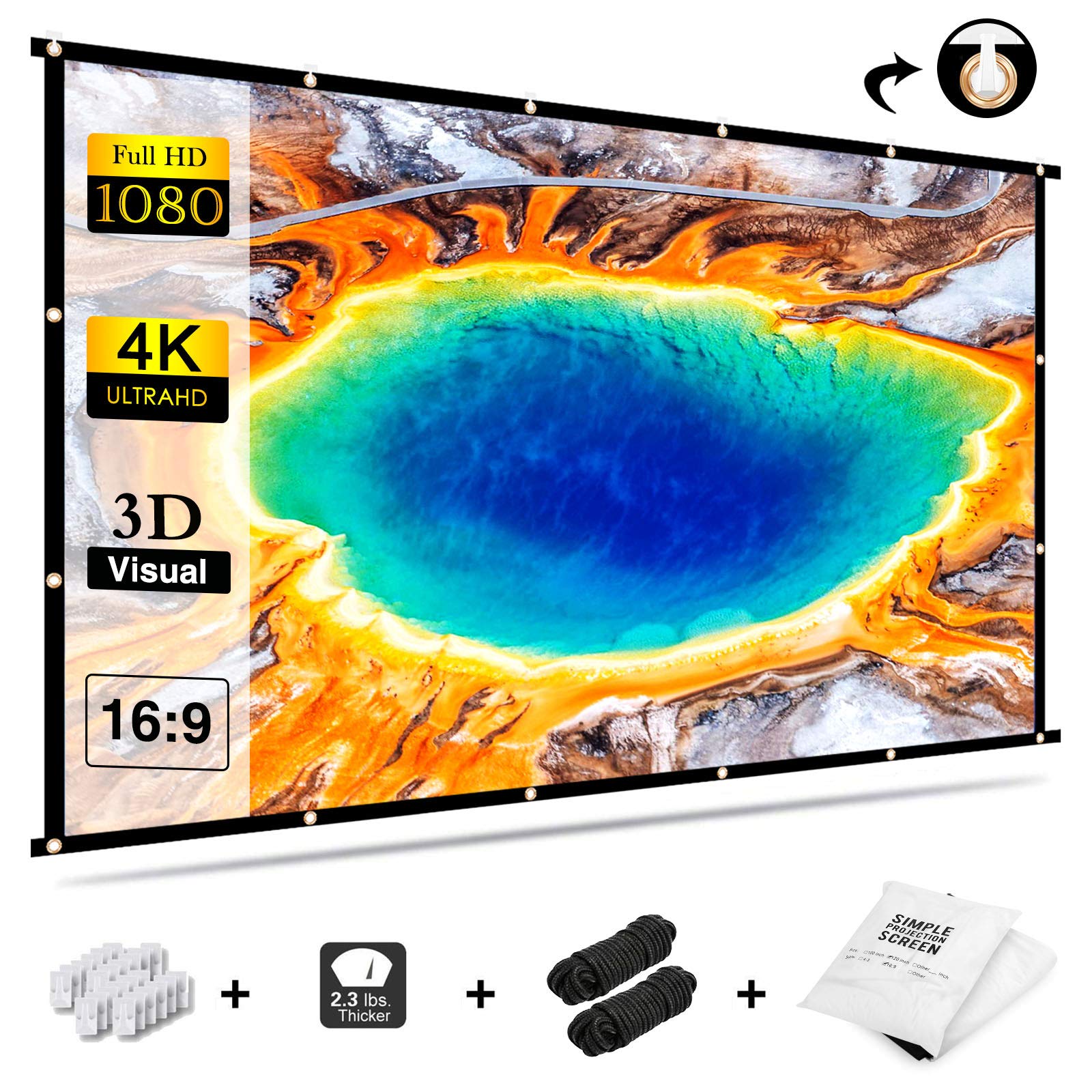 Projector Screen 120 inch, Outdoor Movie Screen 16:9 HD 4K Foldable Anti-Crease Portable Video Projection Screen Double Sided for Home Theater Indoor Meeting Backyard and Public Display
