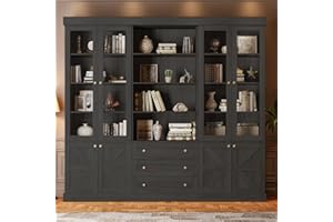 Vyre 71" Tall Farmhouse Kitchen Pantry, Set of 3 Large Storage Cabinets with Glass Doors, Freestanding Wood Hutch Cabinet with 3 Drawers, Adjustable Shelves for Living Room, Dining Room, Black