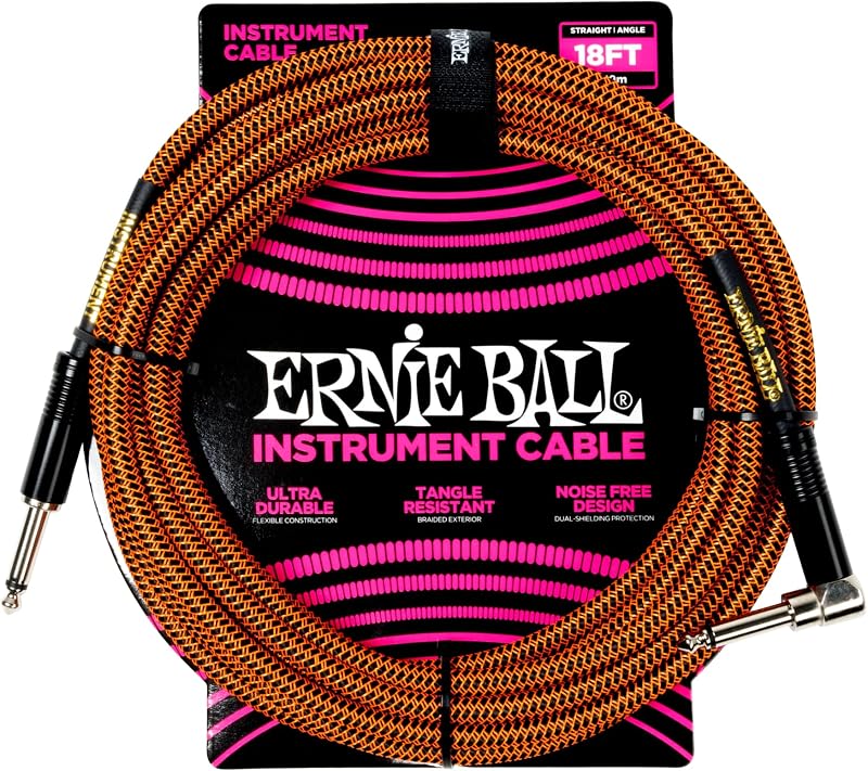 Ernie Ball Braided Instrument Cable 18ft Straight to Angle Pumpkin Pie